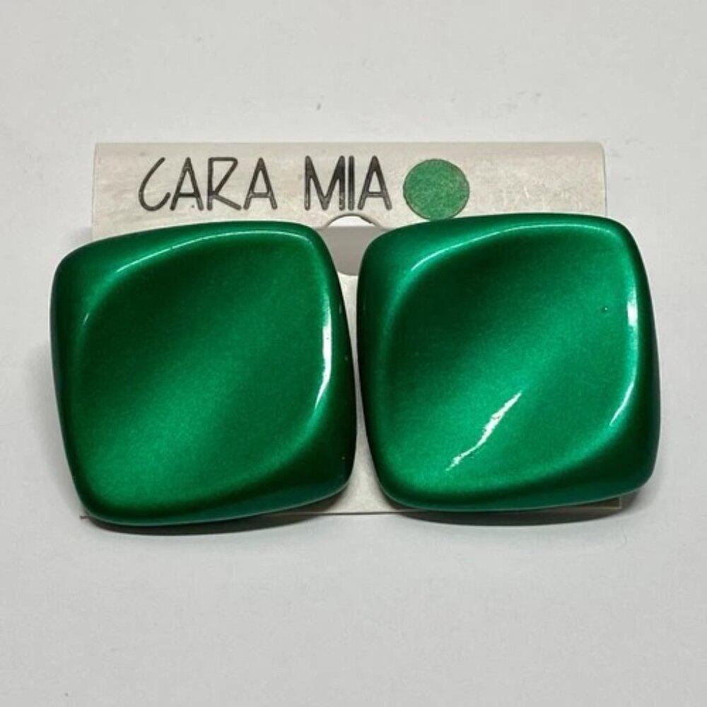 Cara Mia Vintage Earrings Green Polished Acrylic Squares Stud Post‎ 1980's NWT